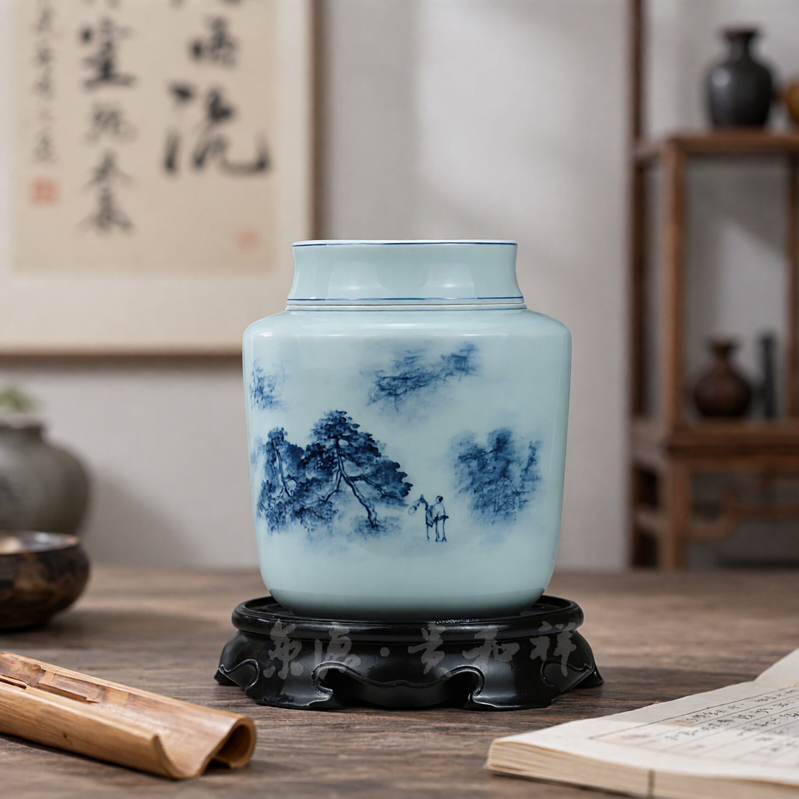 陶瓷贵和祥茶叶罐中号包装青花