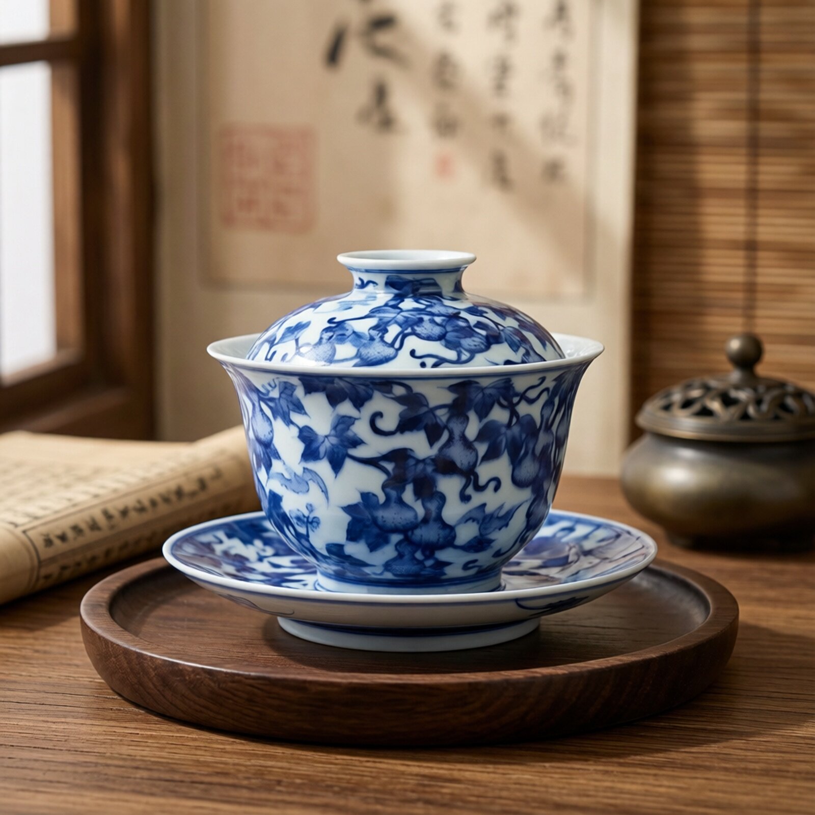 贵和祥盖碗传统手绘葫芦青花寿桃图片