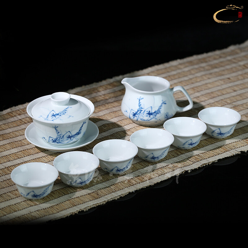 景德镇陶瓷功夫茶具套装青花瓷茶杯手绘三才整套京德特卖虾盖碗组