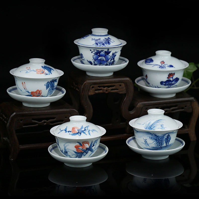 京德贵和祥热卖功夫茶具盖碗无铅陶瓷泡茶手绘杯子小号手抓三才碗