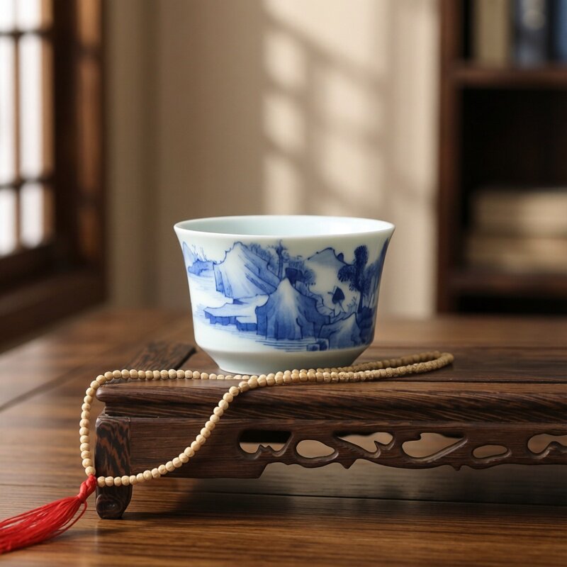 山水杯全手工主人杯青花茶杯京德