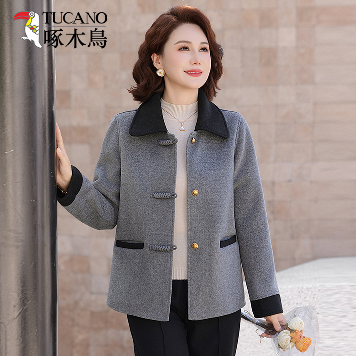 啄木鸟2025新款洋气中老年女装国风上衣气质高贵双面呢大衣外套女
