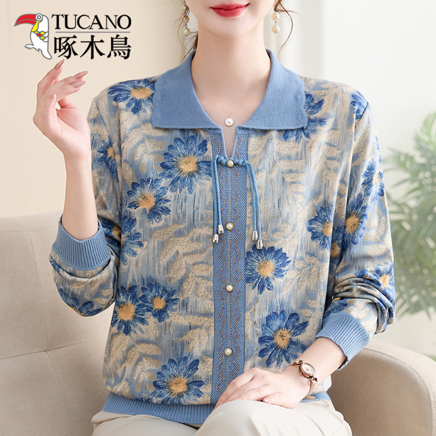 啄木鸟中老年女装时尚翻领针织衫