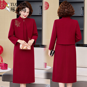 啄木鸟中国风立领刺绣连衣裙红色两件套中老年妈妈装气质婚宴礼服