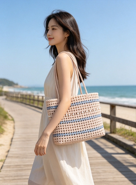 手工编织托特包女 珍珠撞色条纹编织包 大容量海边度假手提单肩包