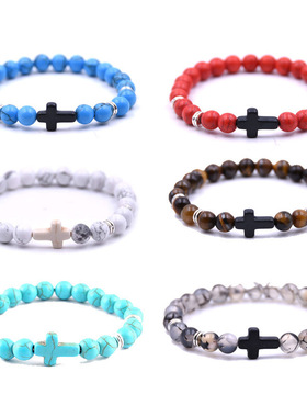 8mm能量天然石白松蓝松水晶手链金属十字架青少年运动款手链手串