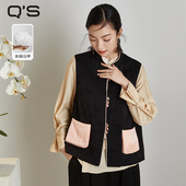 qs秸熙春冬新款 层次感撞色马甲外套轻国风中式 缎面棉服显瘦上衣潮