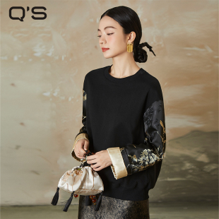 QS秸熙春秋季 改良轻国风圆领套头卫衣女提花拼接宽松百搭上衣 新款