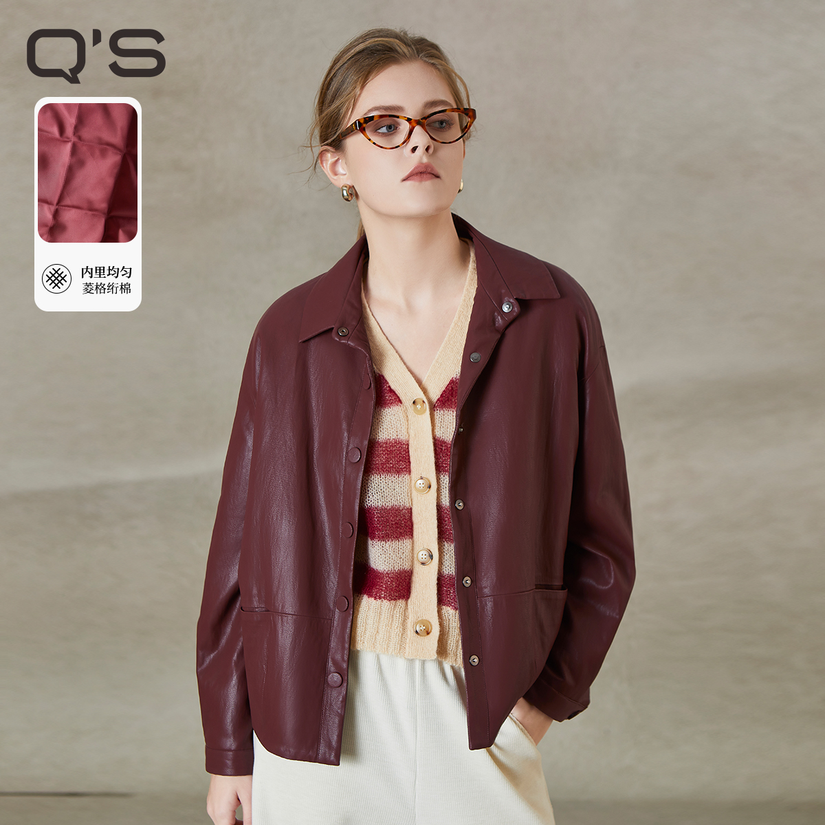 QS秸熙衬衫式PU皮棉服外套