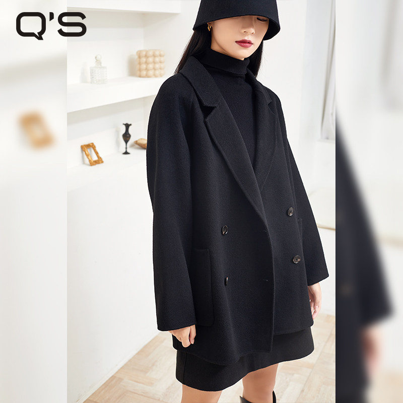 qs秸熙双面呢大衣通勤冬季保暖毛呢西装显瘦宽松小个子外套上衣