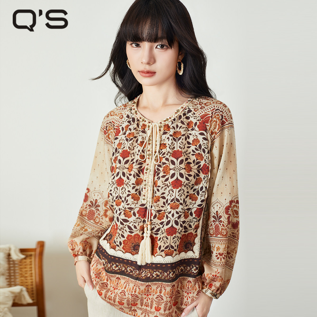 QS秸熙春秋新款氛围感波嬉风印花衬衫宽松遮阳空调衫套头薄款上衣