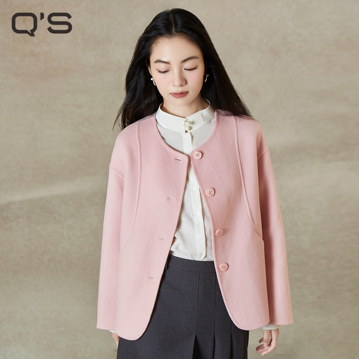 秸熙纯色显瘦双面呢大衣外套