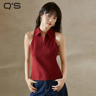 QS秸熙2025夏新品 休闲坎肩 POLO领T恤显瘦无袖 背心上衣小个子短款
