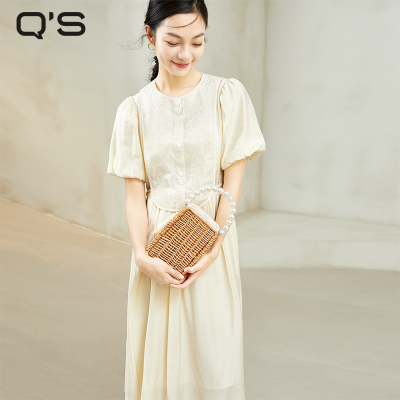qs秸熙夏季新款复古灯笼袖连衣裙女绣花两件套A摆显瘦时尚长裙子