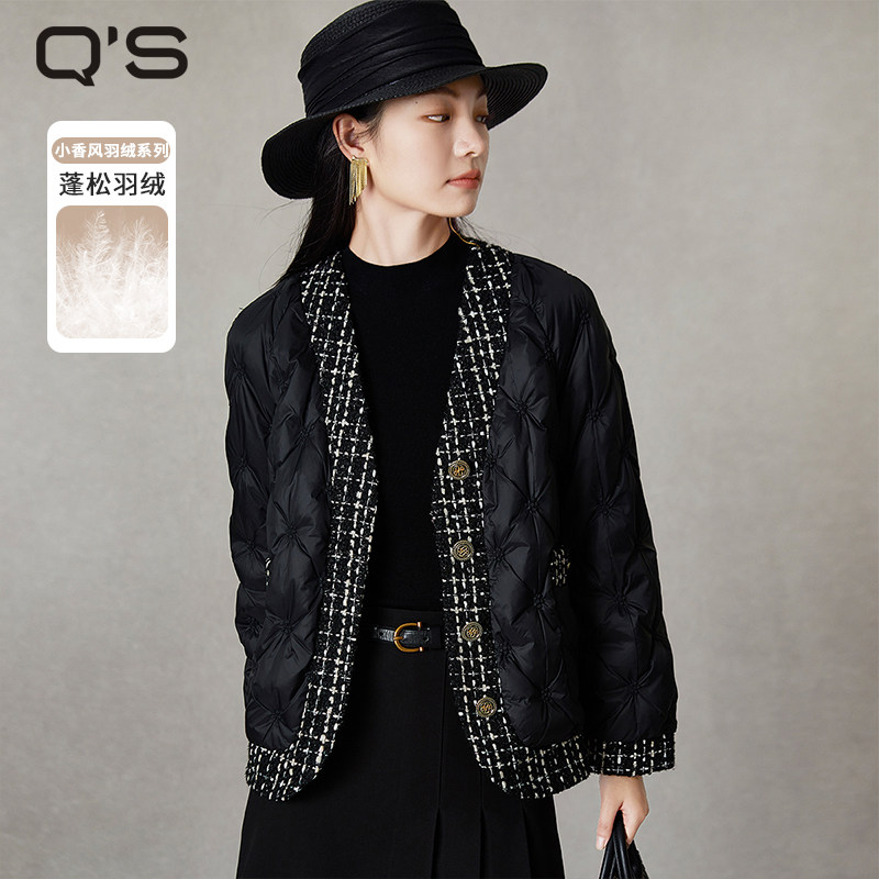 qs秸熙2025冬新款复古小香风羽绒服女撞色编织呢拼接保暖短款外套,女装/女士精品,羽绒服,淘宝优惠券,粉丝福利购,淘宝优惠卷