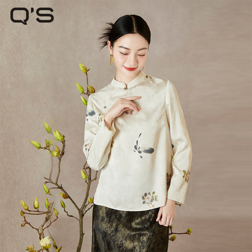 QS秸熙改良新中式缎面提花衬衫