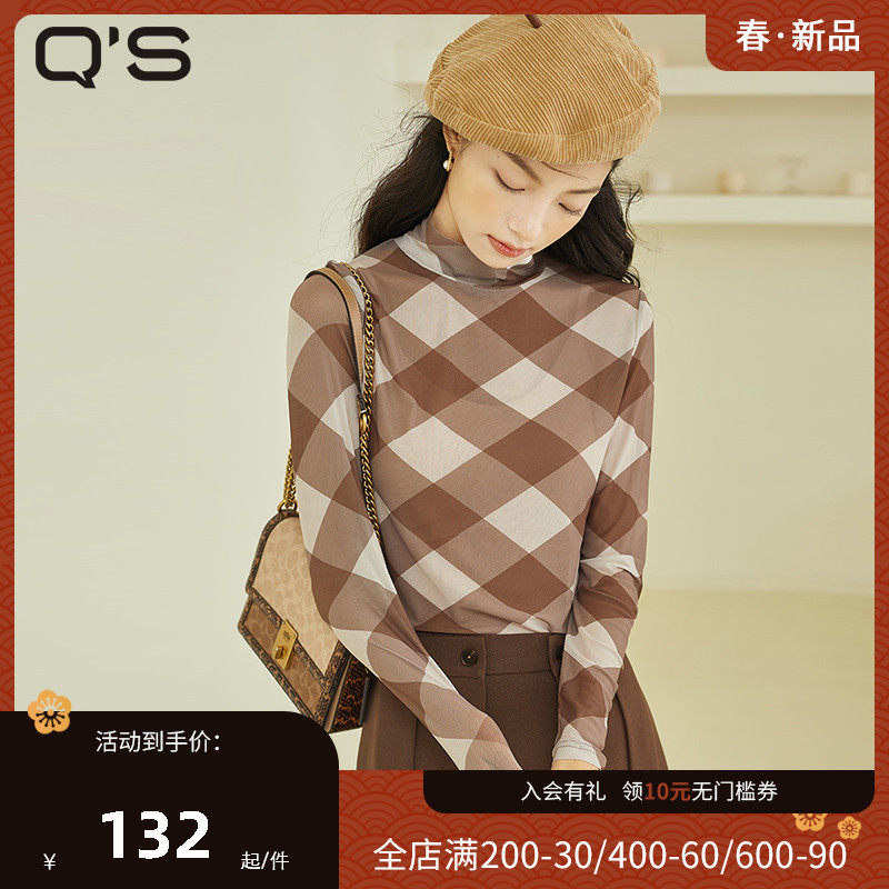 qs秸熙2021秋冬新款打底网纱衣女棋盘格百搭套头雪纺高领内搭小衫