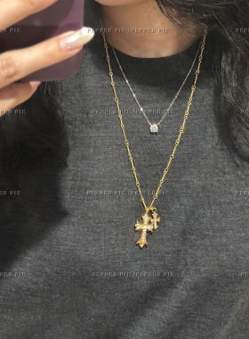 辣椒派 不掉色许愿骨十字架克克镶钻毛衣链女 满钻甜酷杨超越同款
