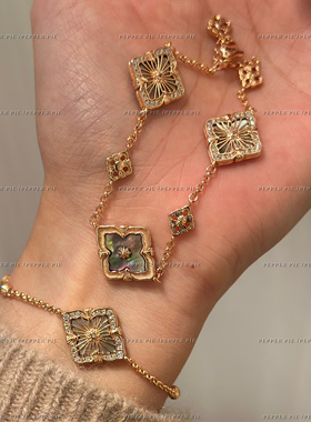 辣椒派复古蕾丝菱形四叶草灰贝母手链女 轻奢宫廷风高级感手饰