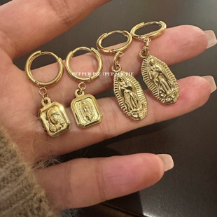 辣椒派新款 保色ins双面古币耳环女 金色钛钢精工铸造高级感