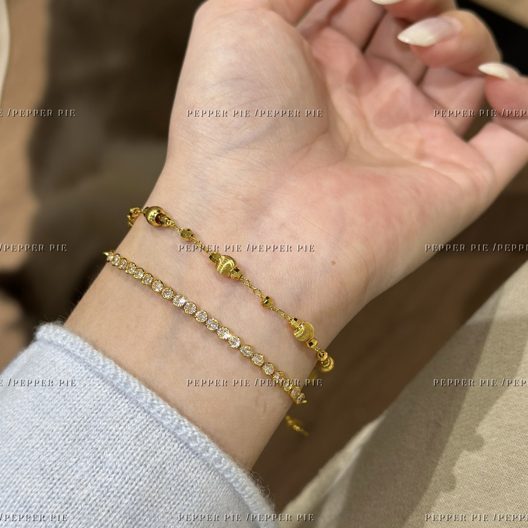 辣椒派 不过时基础叠戴排钻手链女蹦迪素链 黄金色新中式猫眼