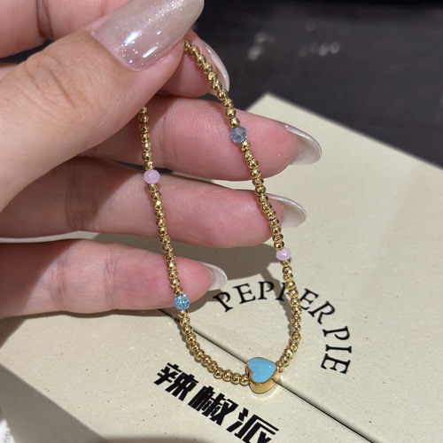 辣椒派定制 tiff蓝粉爱心金色蹦迪珠手链女 钛钢串珠细闪设计手串