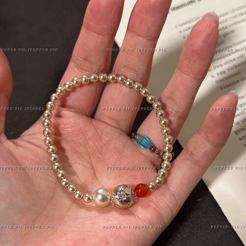 辣椒派甜梦少女心咖啡金星芒粉钻珍珠手链女手工弹力串珠基础叠戴