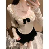 小香风打底宫廷上衣 T恤女小众别致修身 秋冬法式 甜美蕾丝拼接长袖