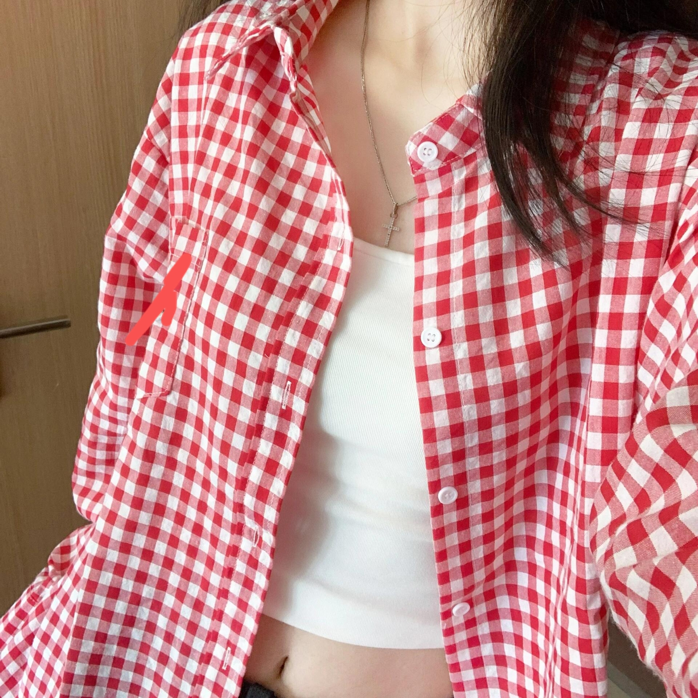 早春红色显白韩版学生日系ins潮长袖格子衬衣百搭上衣宽松衬衫女