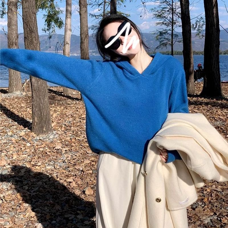 法式克莱因蓝v领连帽针织衫毛衣