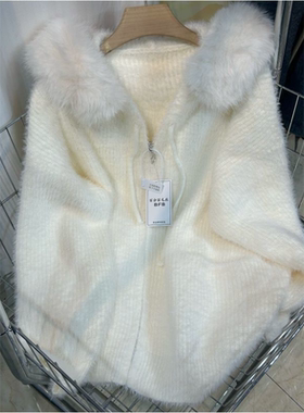 韩版oversize连帽毛领慵懒毛衣外套女秋冬新款加厚宽松针织开衫潮