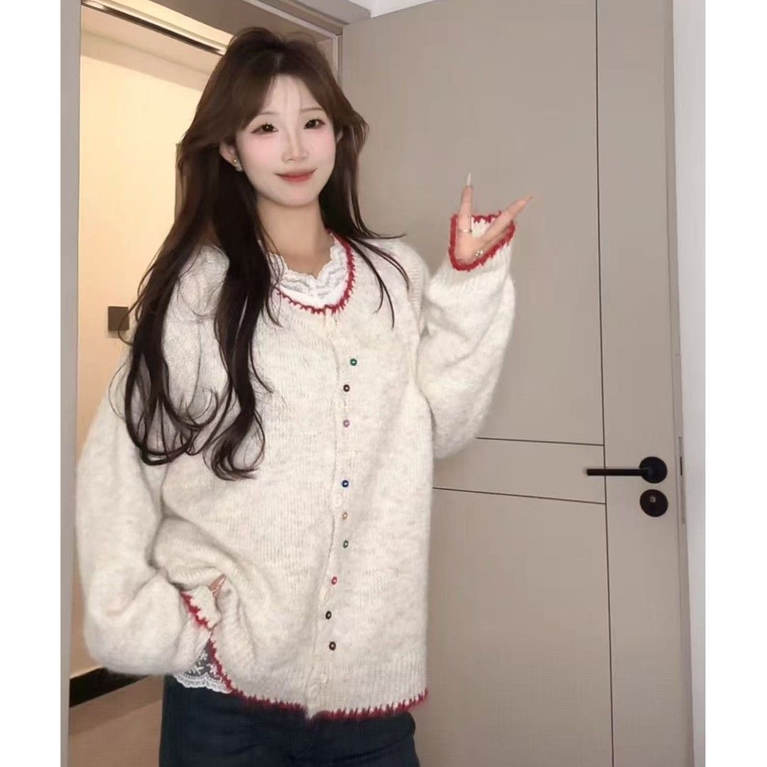 韩系彩扣撞色软糯长袖针织毛衣