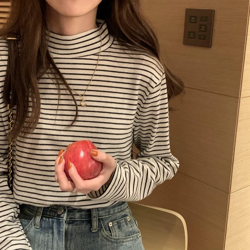 自制~半高领条纹打底长袖T恤学生