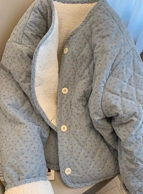 韩系chic设计感灯芯绒棉服女2025秋冬碎花宽松加厚保暖单排扣外套