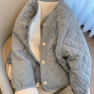 韩系chic设计感灯芯绒棉服女2025秋冬碎花宽松加厚保暖单排扣外套