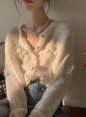 重工~马海毛立体钩花针织开衫女秋冬韩系小香风百搭软毛衣薄上衣