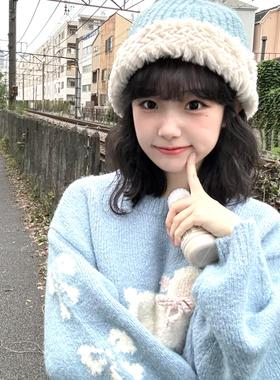 baby蓝软糯小狗提花套头毛衣女可爱奶fufu慵懒宽松打底针织上衣潮