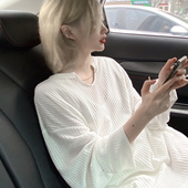慵懒风打底衫 上衣ins 防晒衫 白色华夫格T恤女宽松显瘦空调罩衫 长袖