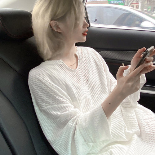 慵懒风打底衫白色华夫格T恤女宽