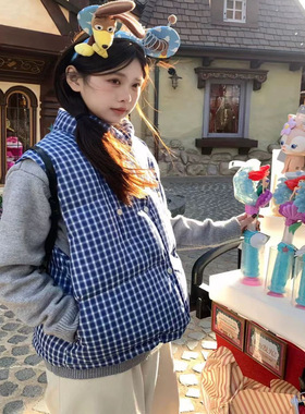jennie同款蓝色格子无袖复古棉服背心马甲女秋冬韩系保暖立领外套