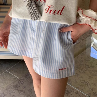 夏季 居家可外穿休闲短裤 韩版 阔腿宽松大码 女 竖条纹短裤 清爽好穿
