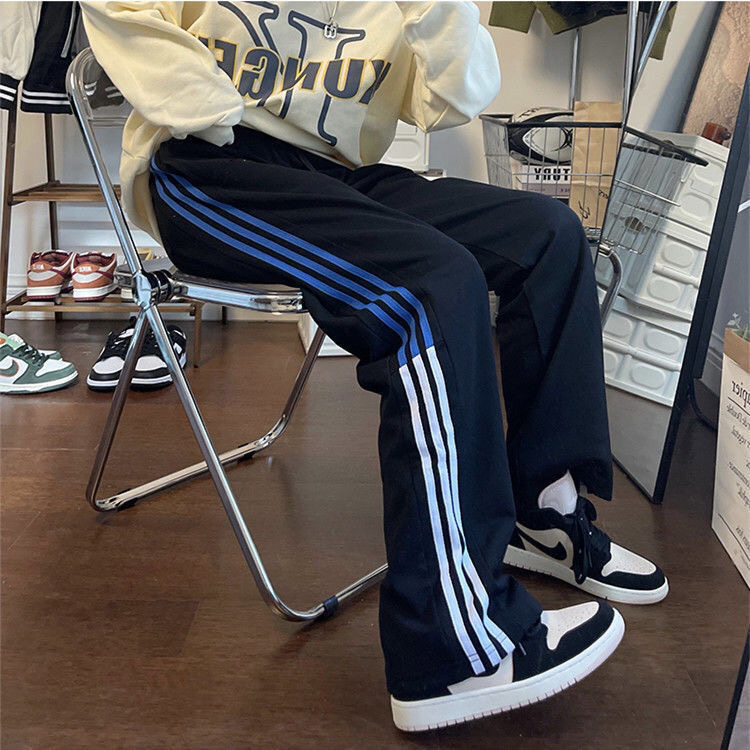 运动休闲裤男女情侣美式复古阔腿裤垂坠感长裤宽松条纹撞色裤子