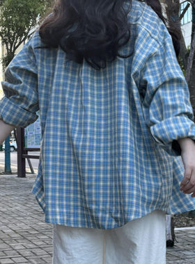 馨帮帮 自制蓝色格子衬衫外套女2025早春新款上衣设计感长袖衬衣