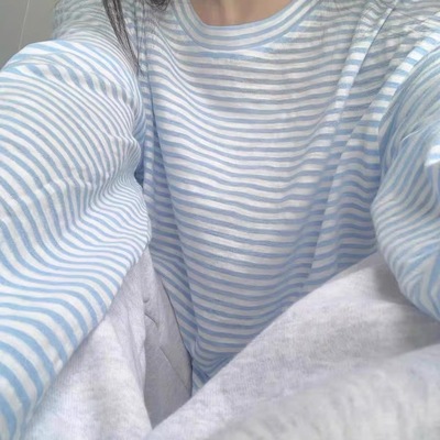 一套装防晒条纹长袖t恤女宽松