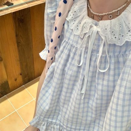 日系软妹荷叶边拼接娃娃领宽松纯棉短袖格子衬衫小个子上衣女