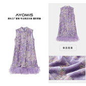 重工烧花钉珠刺绣可拆卸鸵鸟毛丝绒无袖 新中式 短连衣裙 AYOMIS