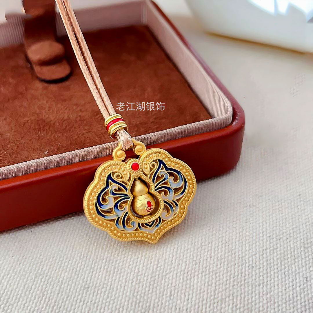 纯银珐琅彩青花瓷葫芦如意锁包吊坠女复古双面可转动时尚蝴蝶挂坠