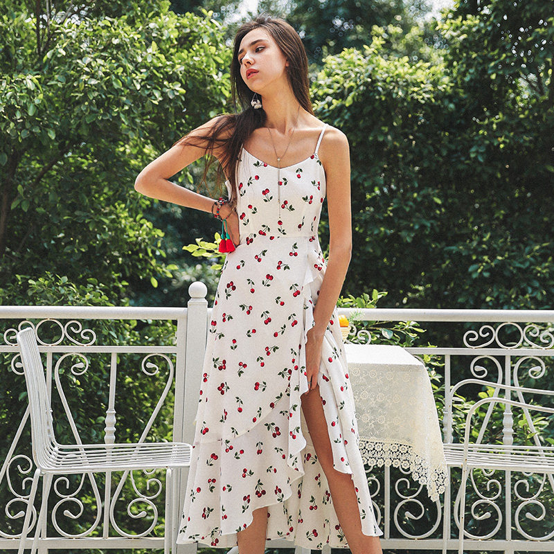 POLKADOT白樱桃高腰复古碎花法式桔梗白色连衣裙荷叶边长裙吊带裙