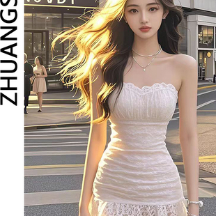 纯欲白色蕾丝抹胸连衣裙女春夏新款 性感收腰显瘦绝美包臀短裙 法式