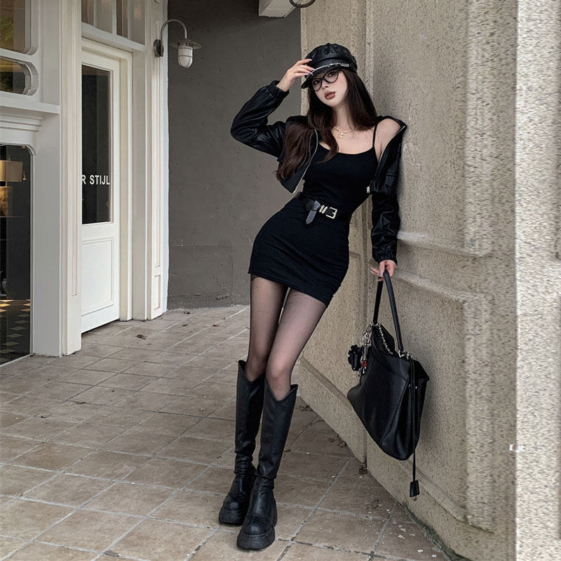 酷飒拽姐套装裙辣妹性感炸街紧身包臀连衣裙机车皮衣外套两件套装